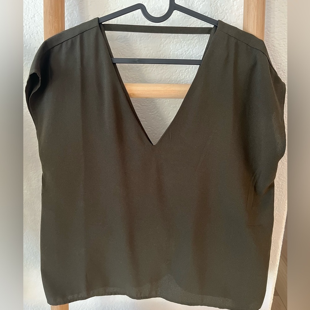 Forever 21 olive green shirt , v neck in front and back